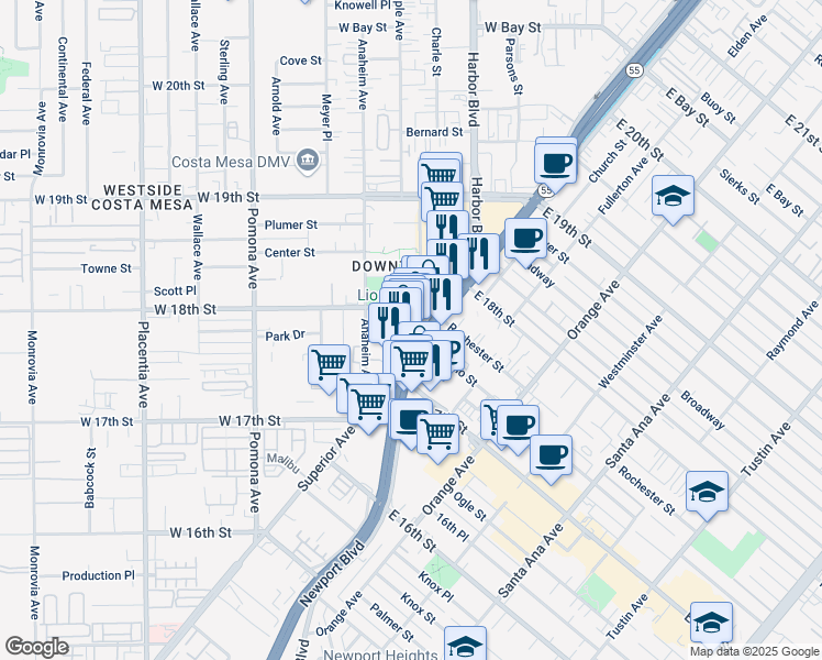 map of restaurants, bars, coffee shops, grocery stores, and more near 1785 Superior Avenue in Costa Mesa