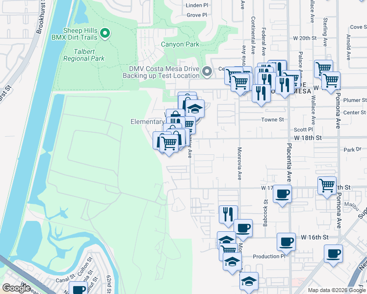 map of restaurants, bars, coffee shops, grocery stores, and more near 1780 Whittier Avenue in Costa Mesa