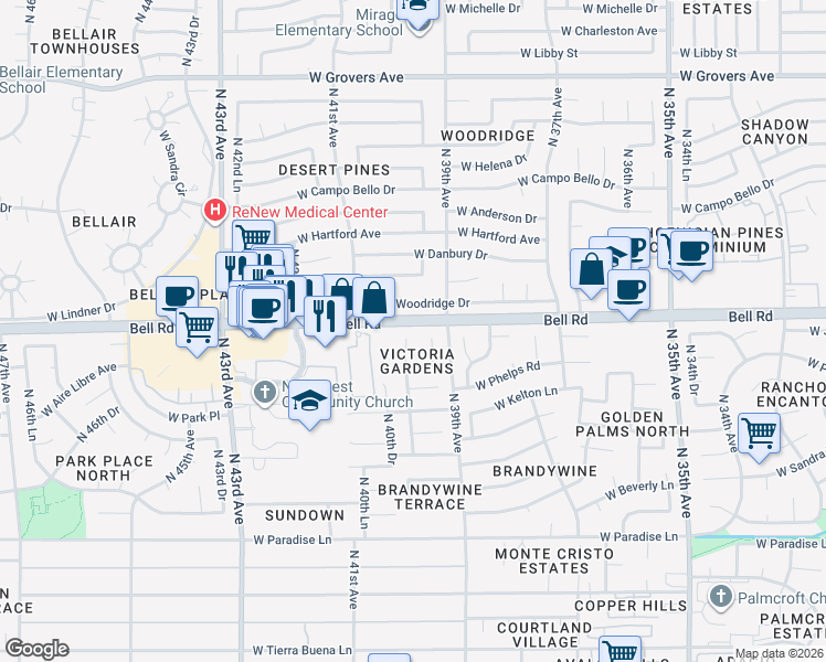 map of restaurants, bars, coffee shops, grocery stores, and more near 16853 North 40th Avenue in Phoenix