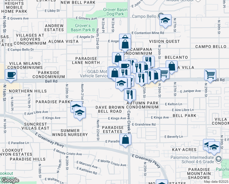 map of restaurants, bars, coffee shops, grocery stores, and more near in Phoenix