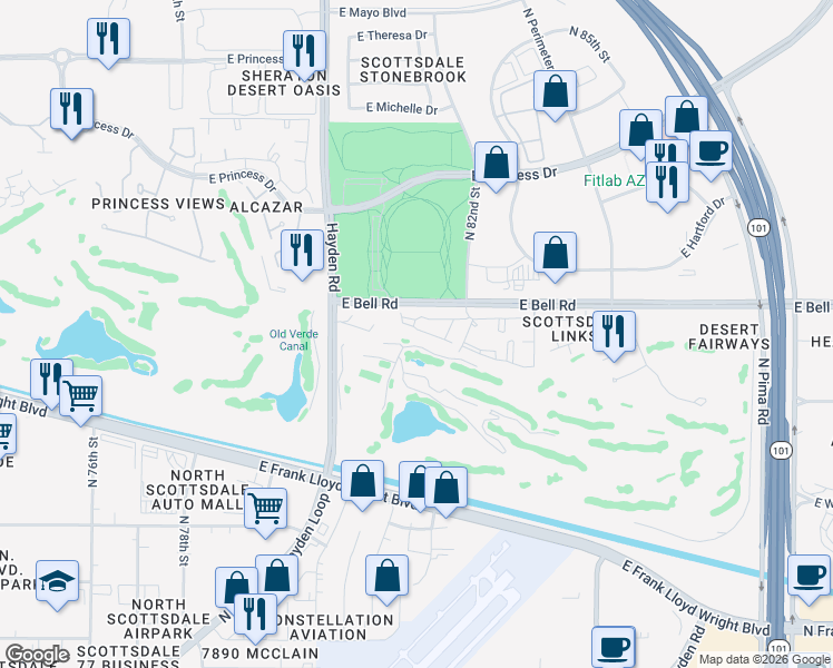 map of restaurants, bars, coffee shops, grocery stores, and more near 8245 East Bell Road in Scottsdale