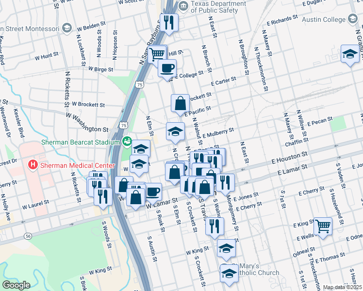 map of restaurants, bars, coffee shops, grocery stores, and more near 110 West Mulberry Street in Sherman