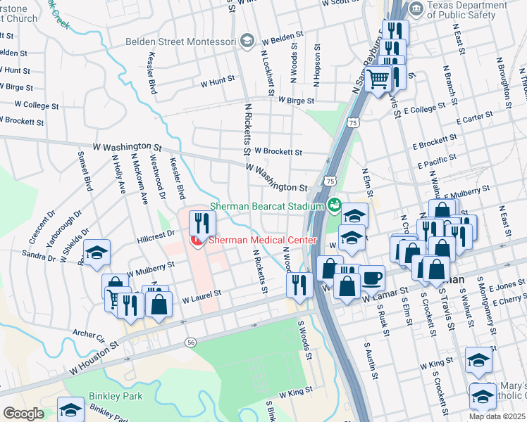 map of restaurants, bars, coffee shops, grocery stores, and more near 833 Fern Street in Sherman