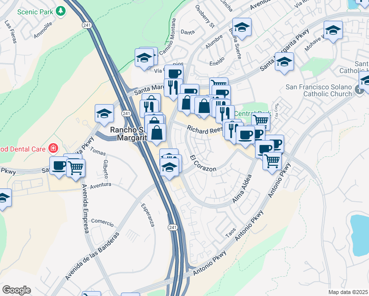 map of restaurants, bars, coffee shops, grocery stores, and more near 202 Vía Vicini in Rancho Santa Margarita