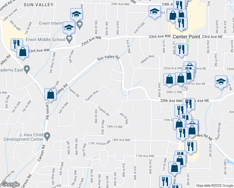 map of restaurants, bars, coffee shops, grocery stores, and more near 412 Tupelo Way in Center Point