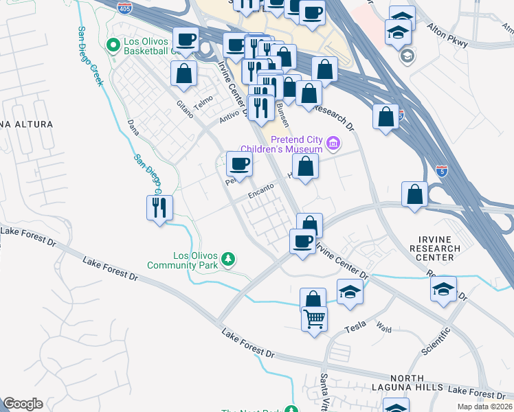 map of restaurants, bars, coffee shops, grocery stores, and more near 138 Linda Vista in Irvine