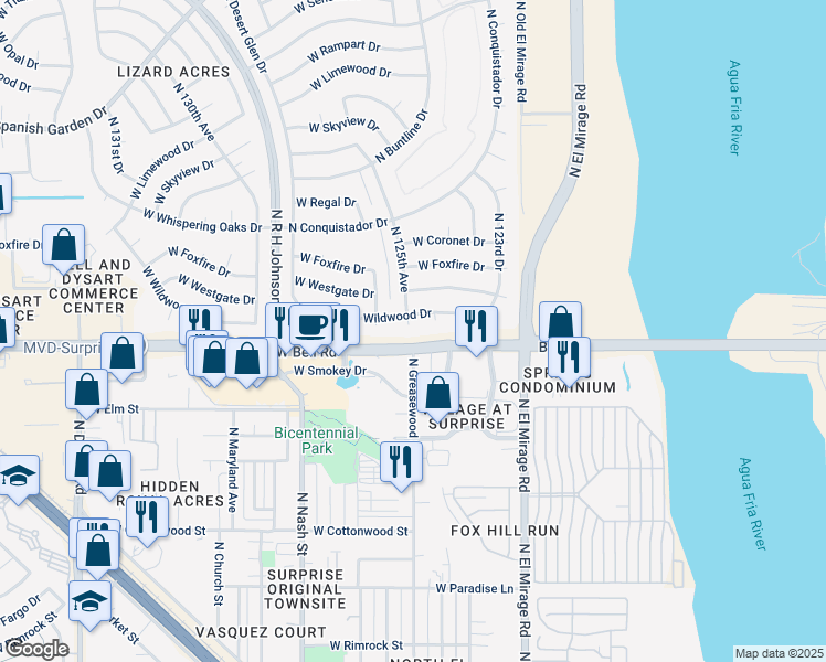 map of restaurants, bars, coffee shops, grocery stores, and more near 12423 Wildwood Drive in Sun City West