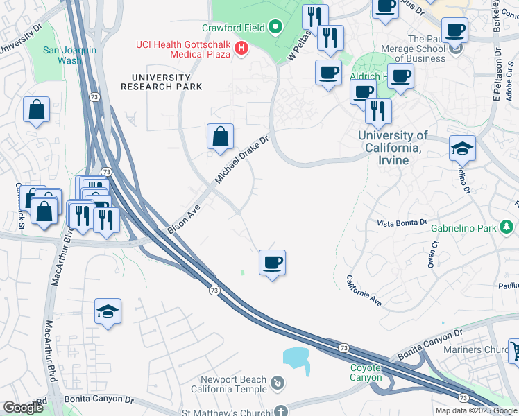 map of restaurants, bars, coffee shops, grocery stores, and more near 4600 Health Sciences Road in Irvine
