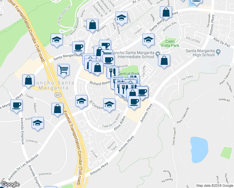 map of restaurants, bars, coffee shops, grocery stores, and more near 22245 El Paseo in Rancho Santa Margarita