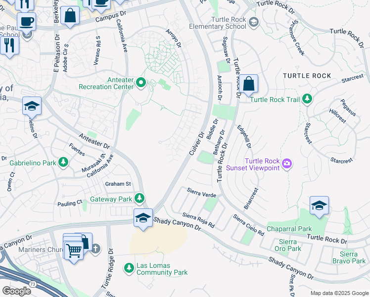 map of restaurants, bars, coffee shops, grocery stores, and more near 62814 Arroyo Drive in Irvine