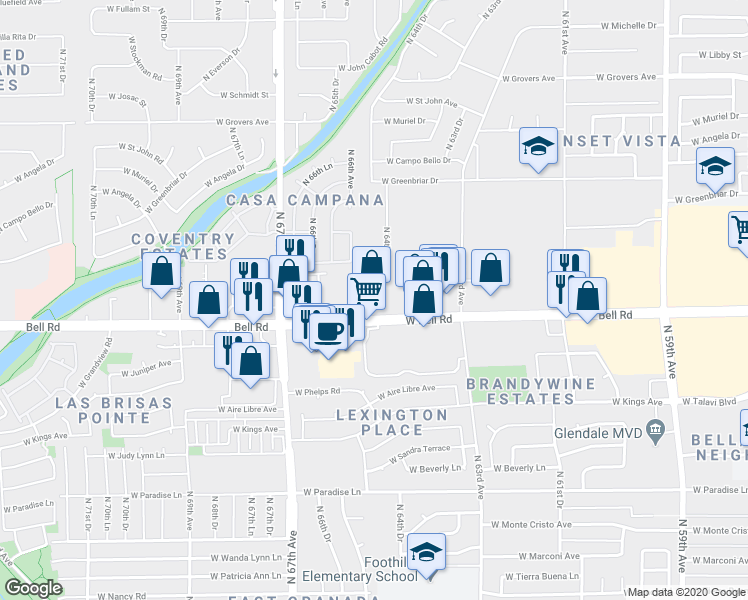 map of restaurants, bars, coffee shops, grocery stores, and more near 6426 West Bell Road in Glendale