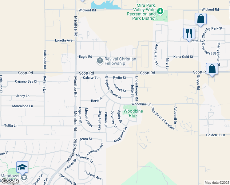 map of restaurants, bars, coffee shops, grocery stores, and more near 33200 Breighton Wood Street in Menifee