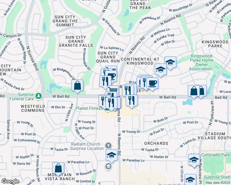 map of restaurants, bars, coffee shops, grocery stores, and more near 15502 West Bell Road in Surprise