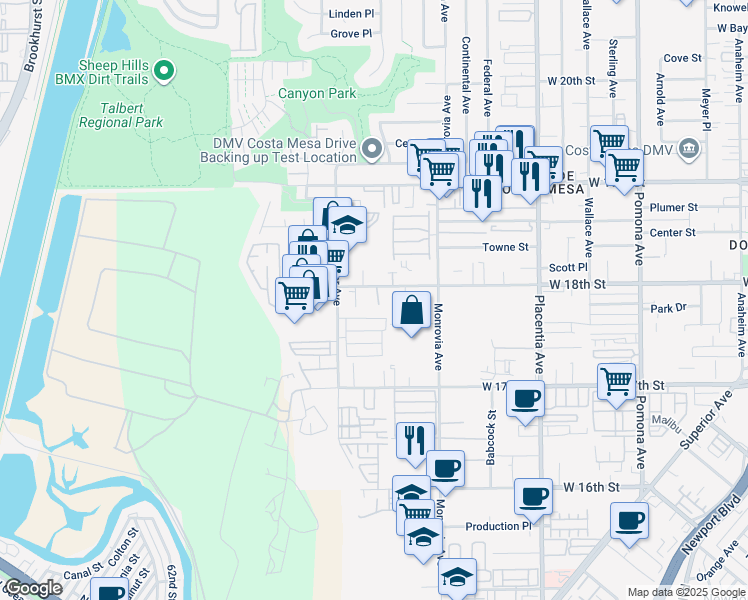 map of restaurants, bars, coffee shops, grocery stores, and more near 965 West 18th Street in Costa Mesa