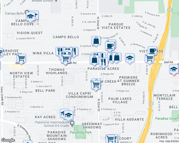 map of restaurants, bars, coffee shops, grocery stores, and more near 16801 North 31st Street in Phoenix