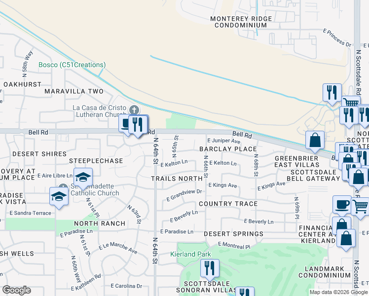 map of restaurants, bars, coffee shops, grocery stores, and more near 6517 East Phelps Road in Scottsdale