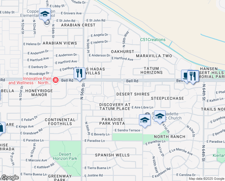 map of restaurants, bars, coffee shops, grocery stores, and more near 16831 North 58th Street in Scottsdale