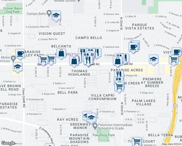 map of restaurants, bars, coffee shops, grocery stores, and more near 16815 North 29th Street in Phoenix