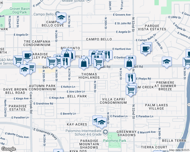 map of restaurants, bars, coffee shops, grocery stores, and more near 2849 East Juniper Avenue in Phoenix