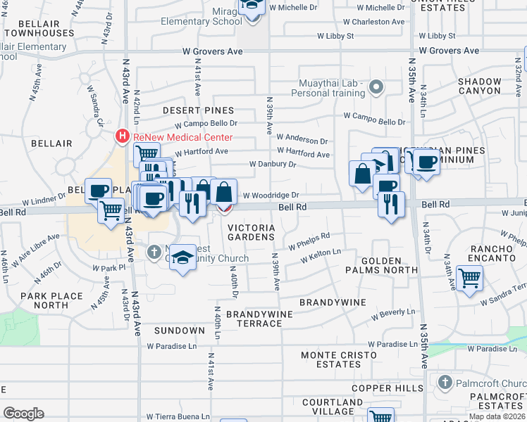 map of restaurants, bars, coffee shops, grocery stores, and more near 16850 North 38th Lane in Phoenix