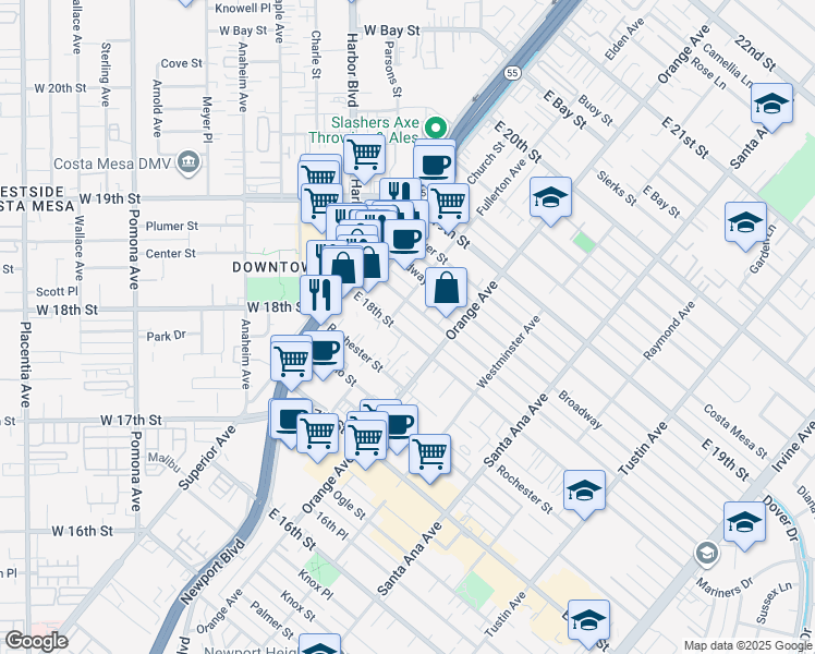 map of restaurants, bars, coffee shops, grocery stores, and more near 178 East 18th Street in Costa Mesa