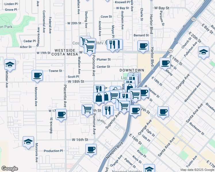 map of restaurants, bars, coffee shops, grocery stores, and more near 650 Park Drive in Costa Mesa
