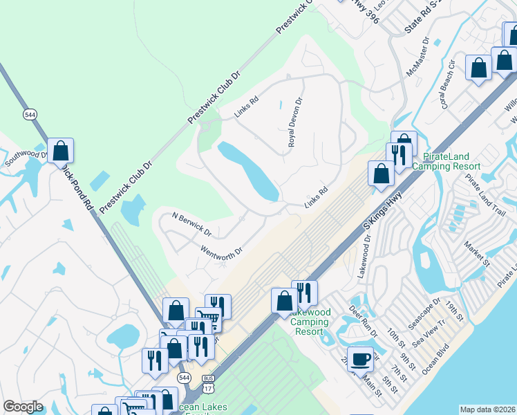 map of restaurants, bars, coffee shops, grocery stores, and more near 1105 Links Road in Myrtle Beach