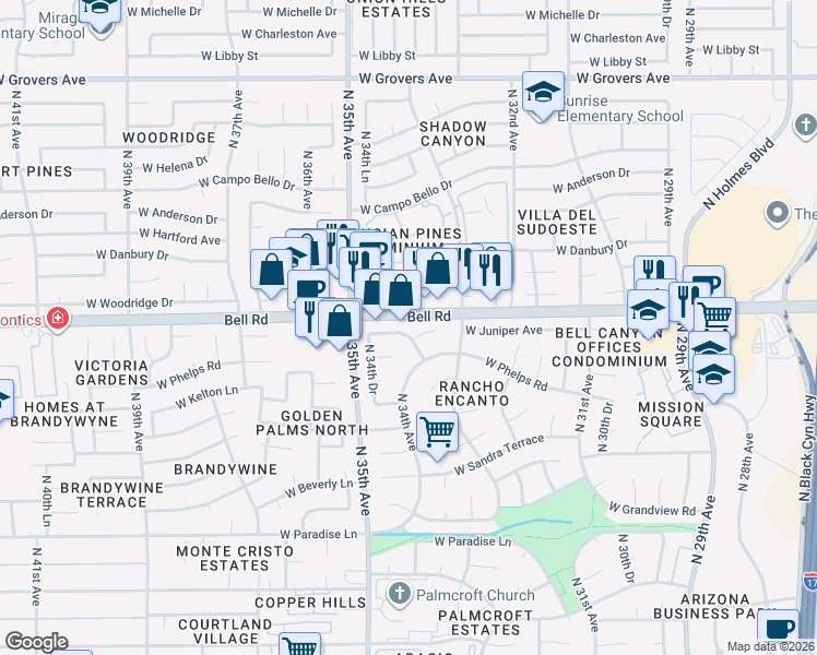 map of restaurants, bars, coffee shops, grocery stores, and more near 3410 West Juniper Avenue in Phoenix