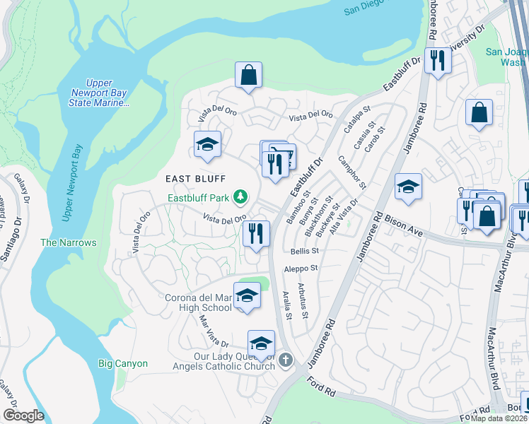 map of restaurants, bars, coffee shops, grocery stores, and more near 2452 Vista Hogar in Newport Beach