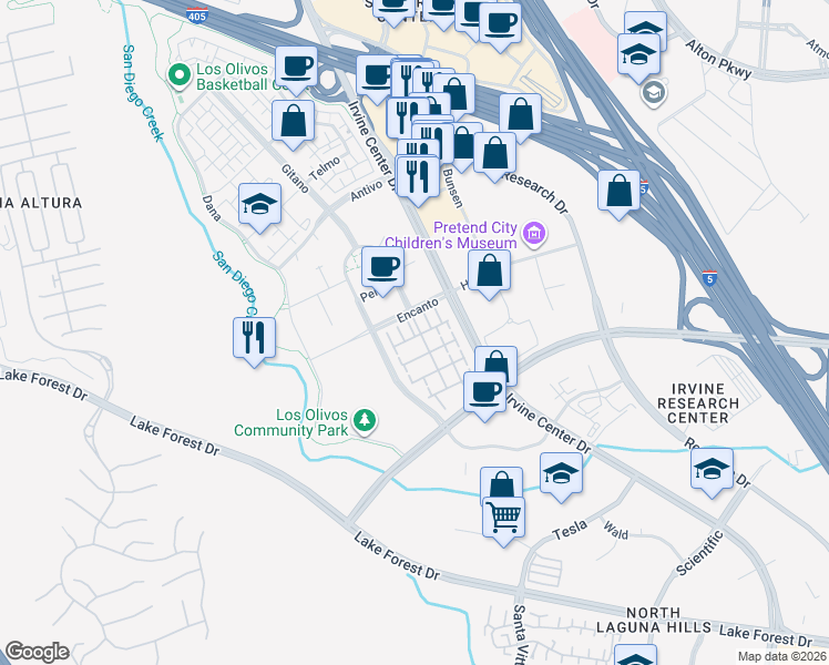 map of restaurants, bars, coffee shops, grocery stores, and more near 138 Linda Vista in Irvine