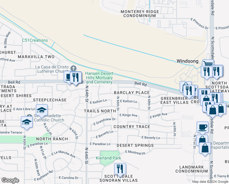 map of restaurants, bars, coffee shops, grocery stores, and more near 6550 East Phelps Road in Scottsdale