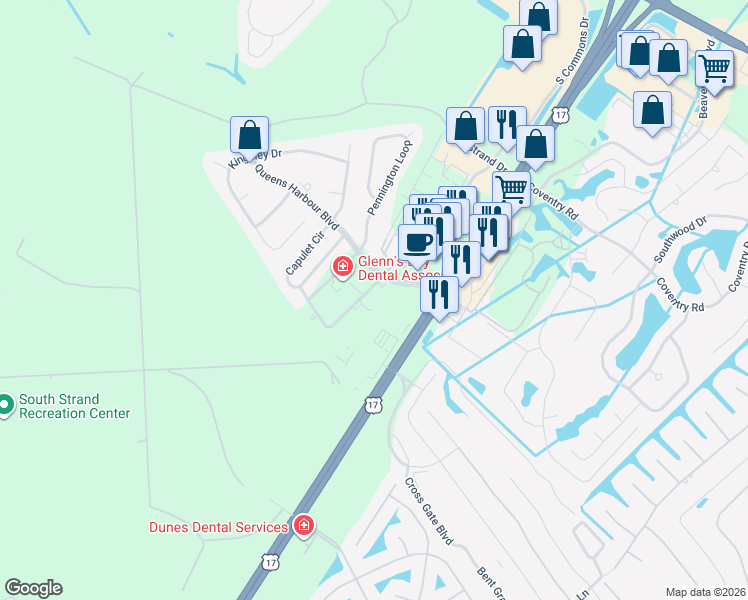 map of restaurants, bars, coffee shops, grocery stores, and more near 3013 Newcastle Loop in Myrtle Beach