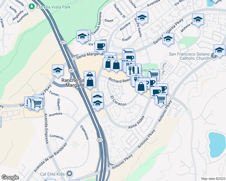 map of restaurants, bars, coffee shops, grocery stores, and more near 20 Paseo Simpatico in Rancho Santa Margarita