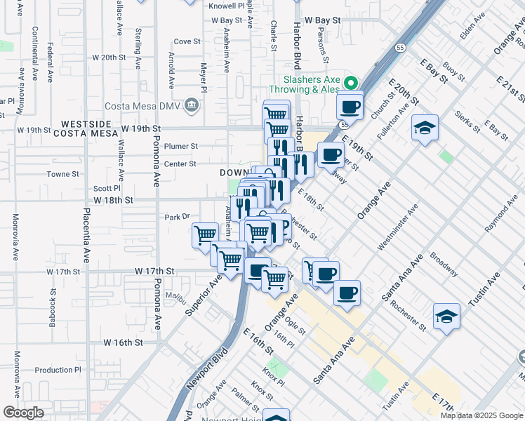 map of restaurants, bars, coffee shops, grocery stores, and more near 1785 Superior Avenue in Costa Mesa