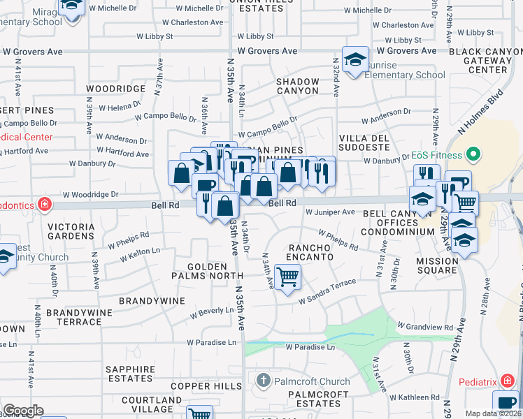 map of restaurants, bars, coffee shops, grocery stores, and more near 3410 West Juniper Avenue in Phoenix