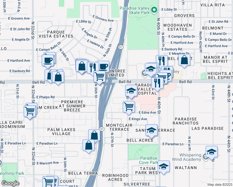 map of restaurants, bars, coffee shops, grocery stores, and more near 16810 North 38th Drive in Phoenix