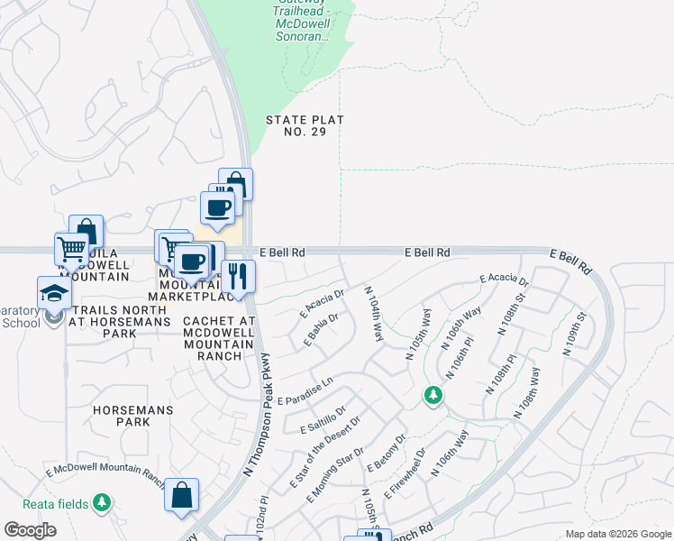 map of restaurants, bars, coffee shops, grocery stores, and more near 10383 East Verbena Lane in Scottsdale