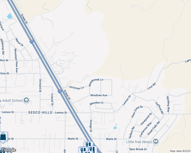 map of restaurants, bars, coffee shops, grocery stores, and more near 22136 Woodcreek Lane in Wildomar