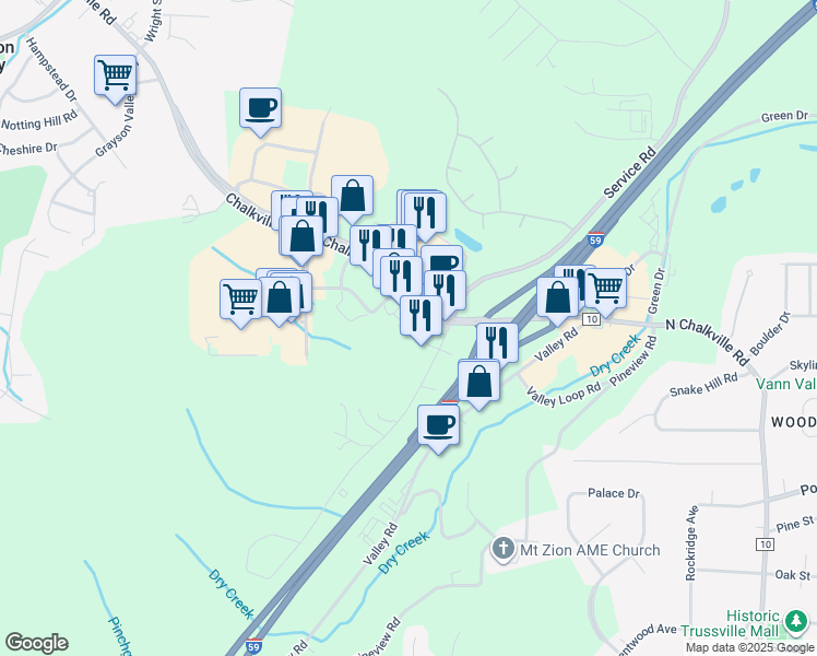 map of restaurants, bars, coffee shops, grocery stores, and more near 5900 Chalkville Mountain Lane in Birmingham