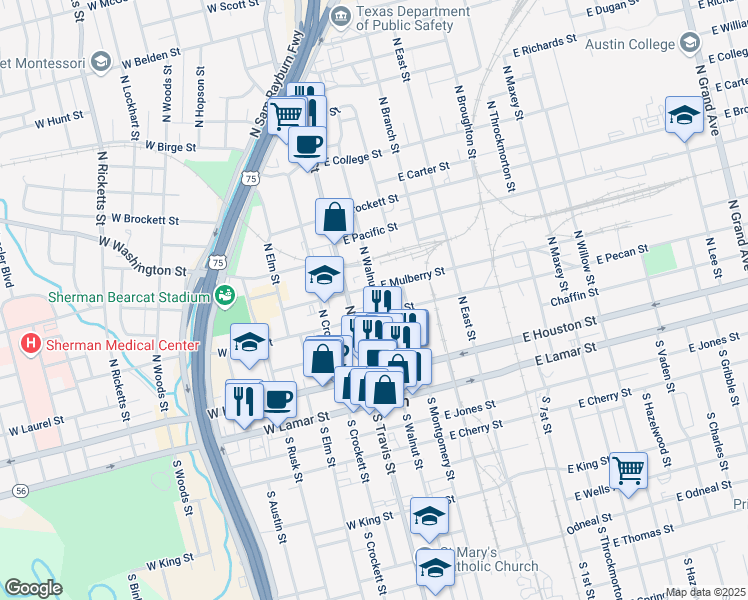 map of restaurants, bars, coffee shops, grocery stores, and more near 314 North Walnut Street in Sherman