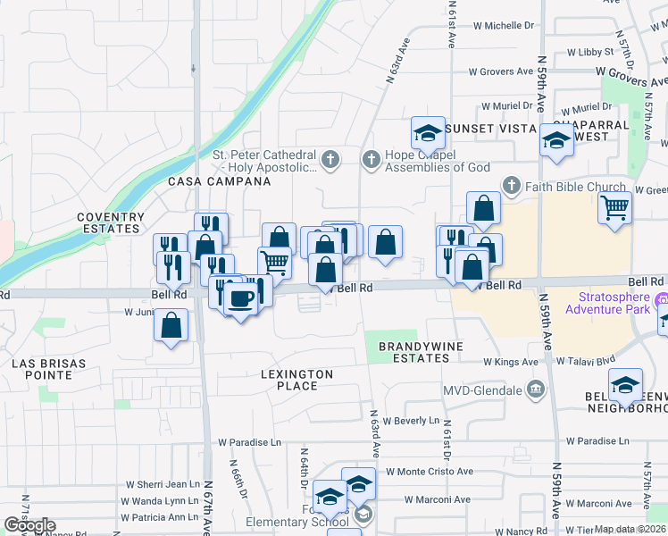 map of restaurants, bars, coffee shops, grocery stores, and more near 6394 W Bell Rd in Glendale
