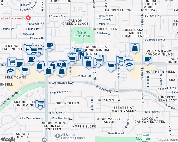 map of restaurants, bars, coffee shops, grocery stores, and more near 1107 East Bell Road in Phoenix
