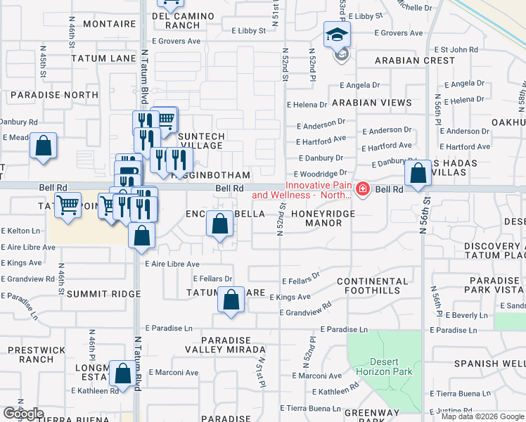 map of restaurants, bars, coffee shops, grocery stores, and more near 5103 East Juniper Avenue in Scottsdale