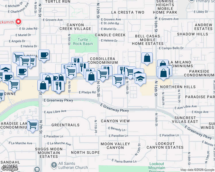map of restaurants, bars, coffee shops, grocery stores, and more near 1209 East Bell Road in Phoenix