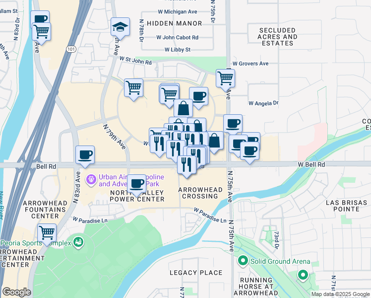 map of restaurants, bars, coffee shops, grocery stores, and more near 7658 West Bell Road in Glendale