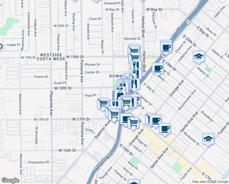 map of restaurants, bars, coffee shops, grocery stores, and more near 582 Park Place in Costa Mesa