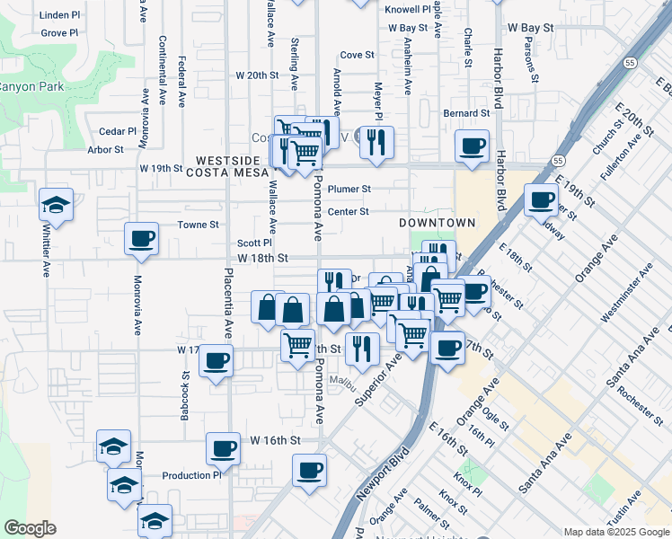 map of restaurants, bars, coffee shops, grocery stores, and more near 686 Park Drive in Costa Mesa