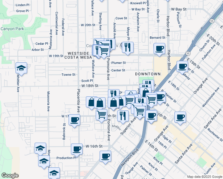 map of restaurants, bars, coffee shops, grocery stores, and more near 686 Park Drive in Costa Mesa