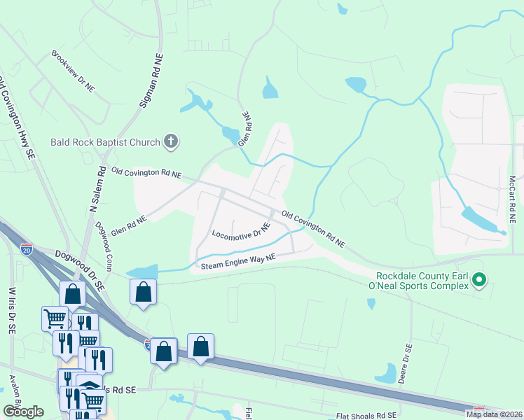 map of restaurants, bars, coffee shops, grocery stores, and more near 1644 Boxcar Place Northeast in Conyers