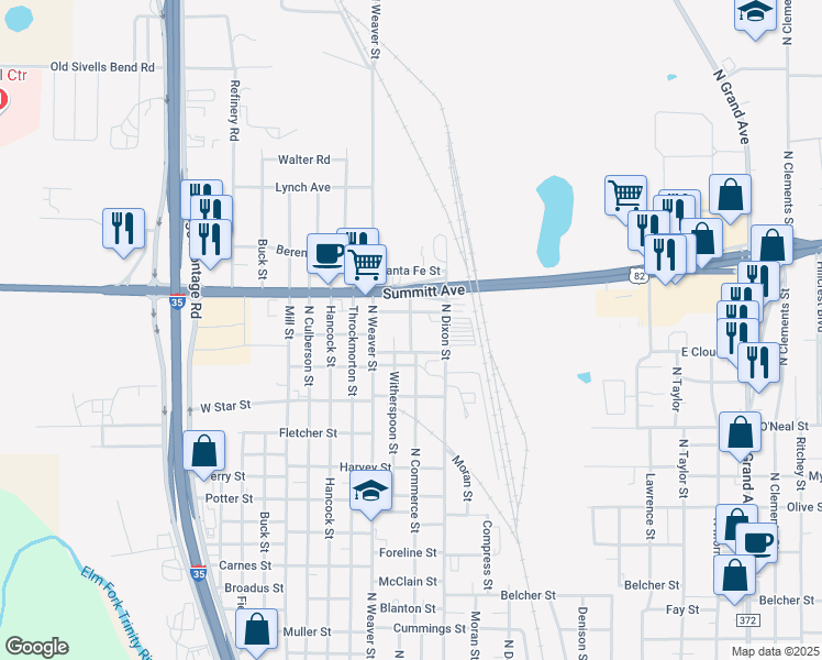 map of restaurants, bars, coffee shops, grocery stores, and more near 1512 North Commerce Street in Gainesville